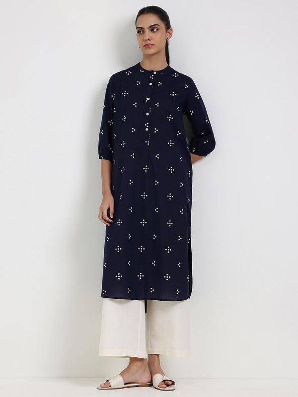 Cotton Polka Straight Kurta - Navy Blue