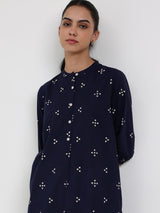 Cotton Polka Straight Kurta - Navy Blue