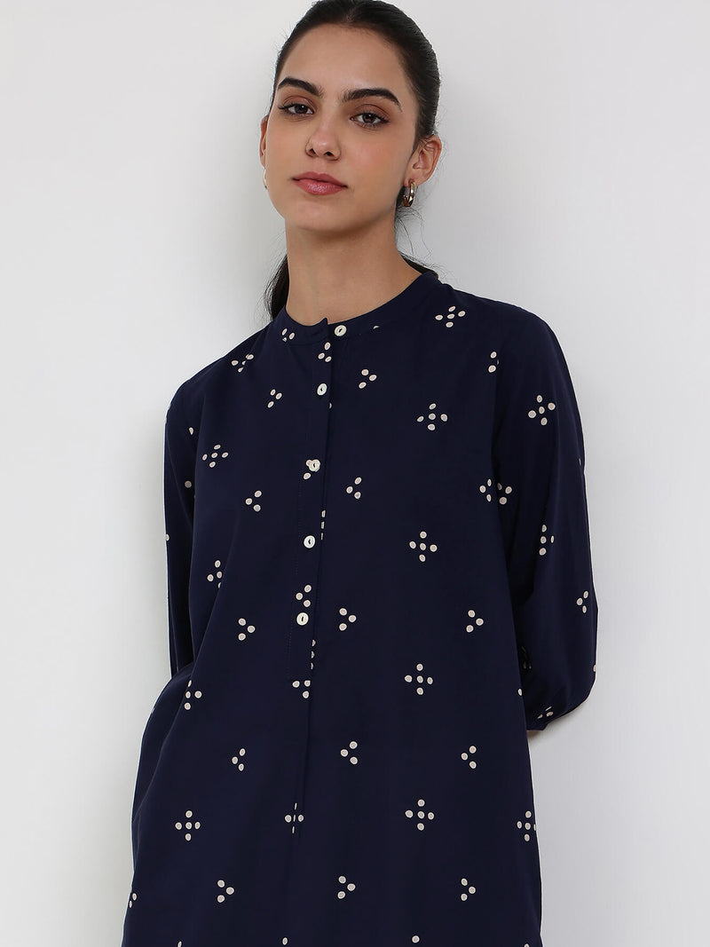 Cotton Polka Straight Kurta - Navy Blue