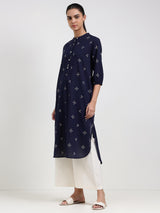 Cotton Polka Straight Kurta - Navy Blue