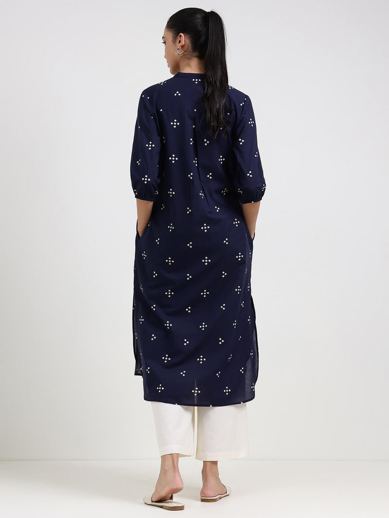 Cotton Polka Straight Kurta - Navy Blue