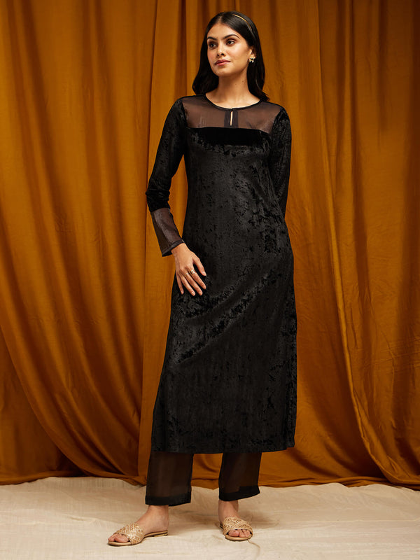 Velvet Straight Kurta Set - Black