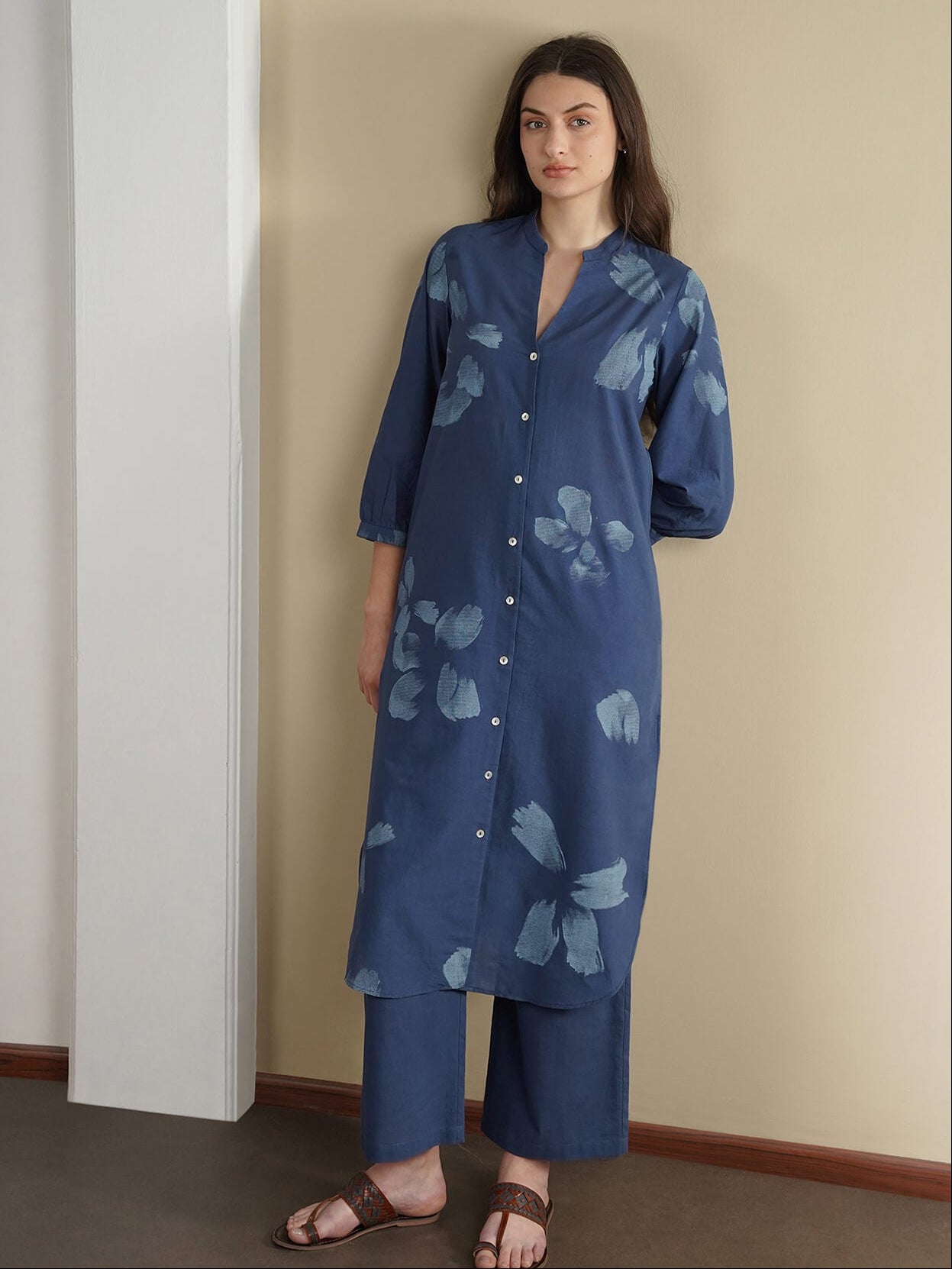 Cotton Floral Mandarin Collar Kurta Set - Navy Blue