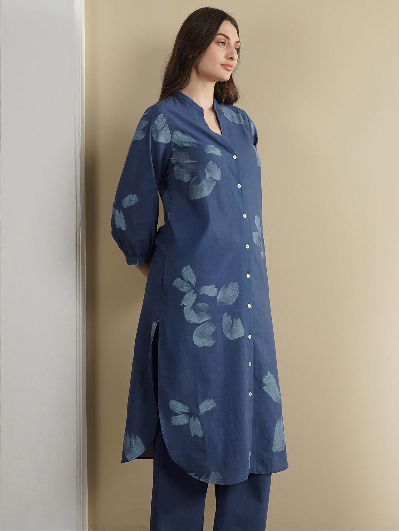 Cotton Floral Mandarin Collar Kurta Set - Navy Blue