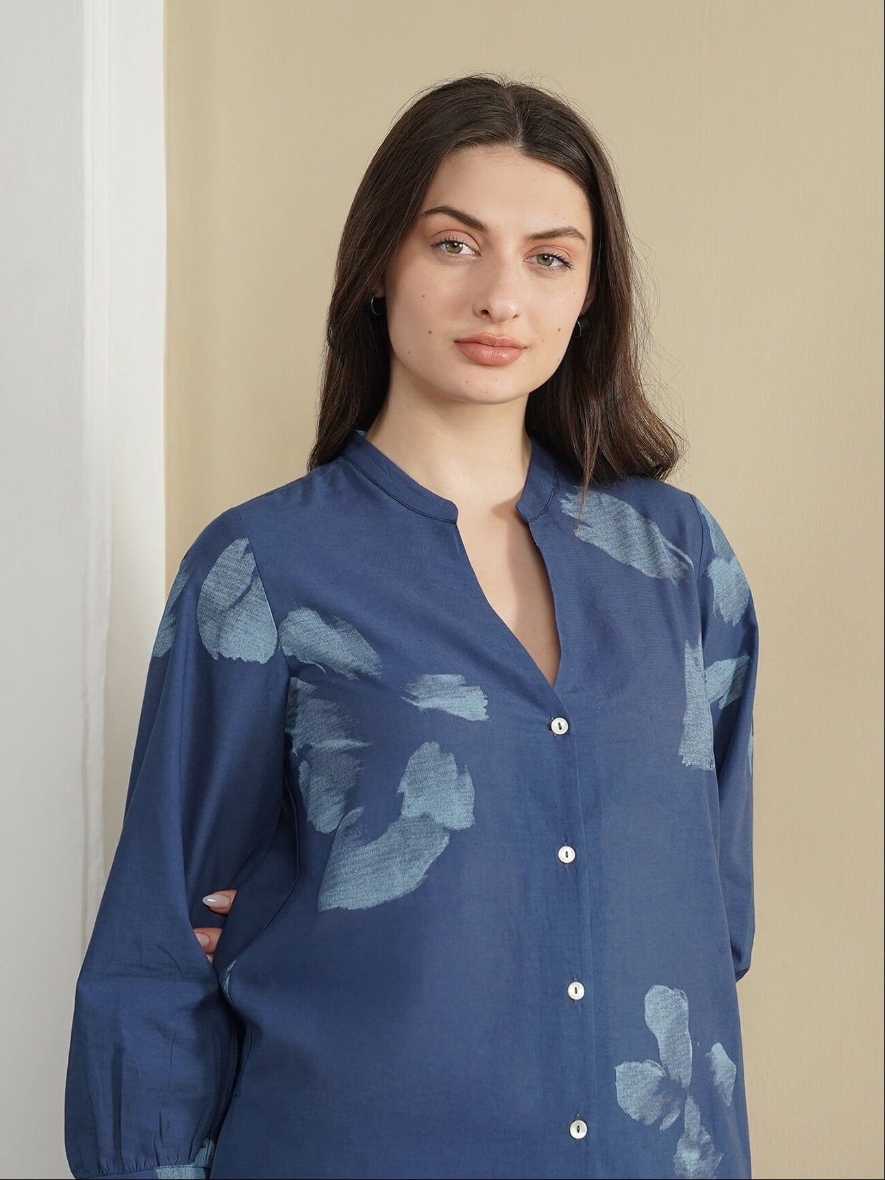 Cotton Floral Mandarin Collar Kurta Set - Navy Blue