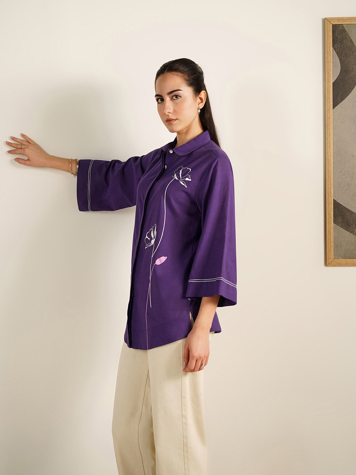 Cotton Placement Floral Print Shirt - Purple