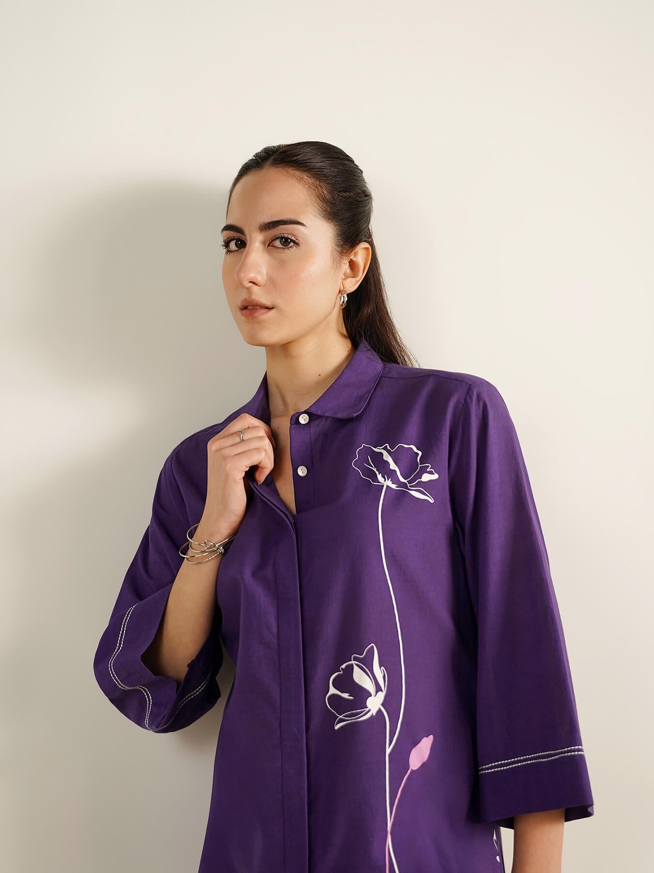 Cotton Placement Floral Print Shirt - Purple