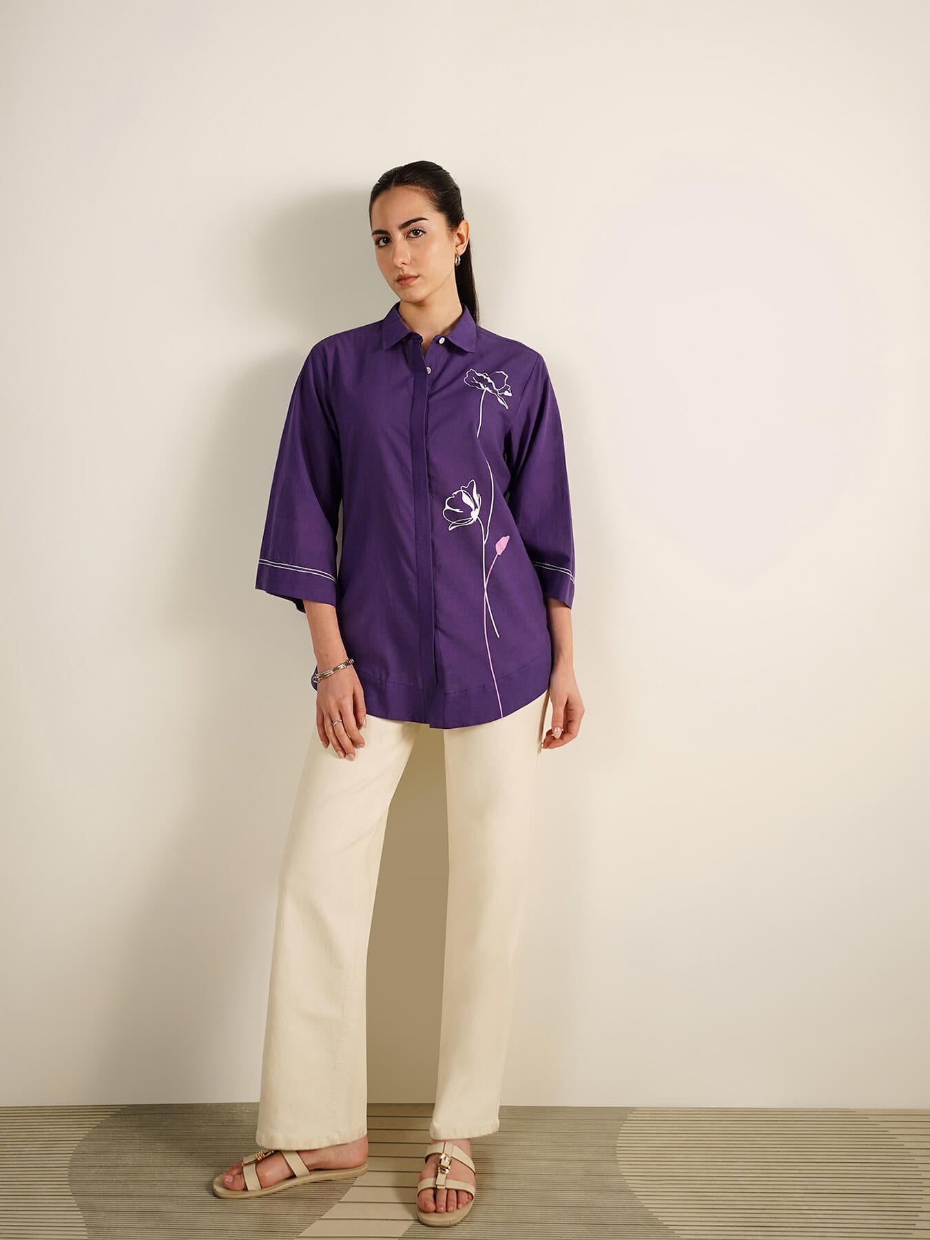 Cotton Placement Floral Print Shirt - Purple