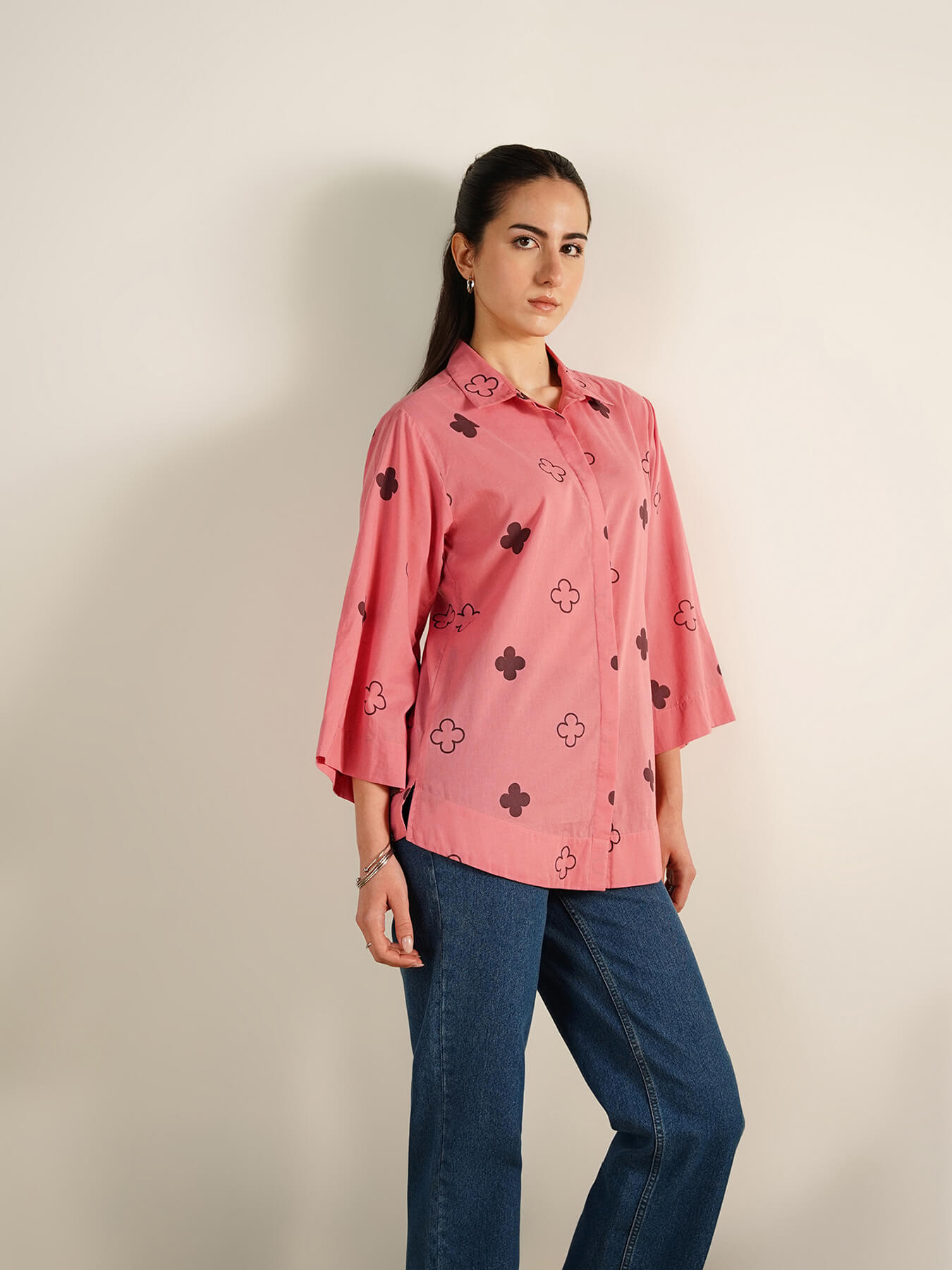 Cotton Geometric Print Shirt - Peach