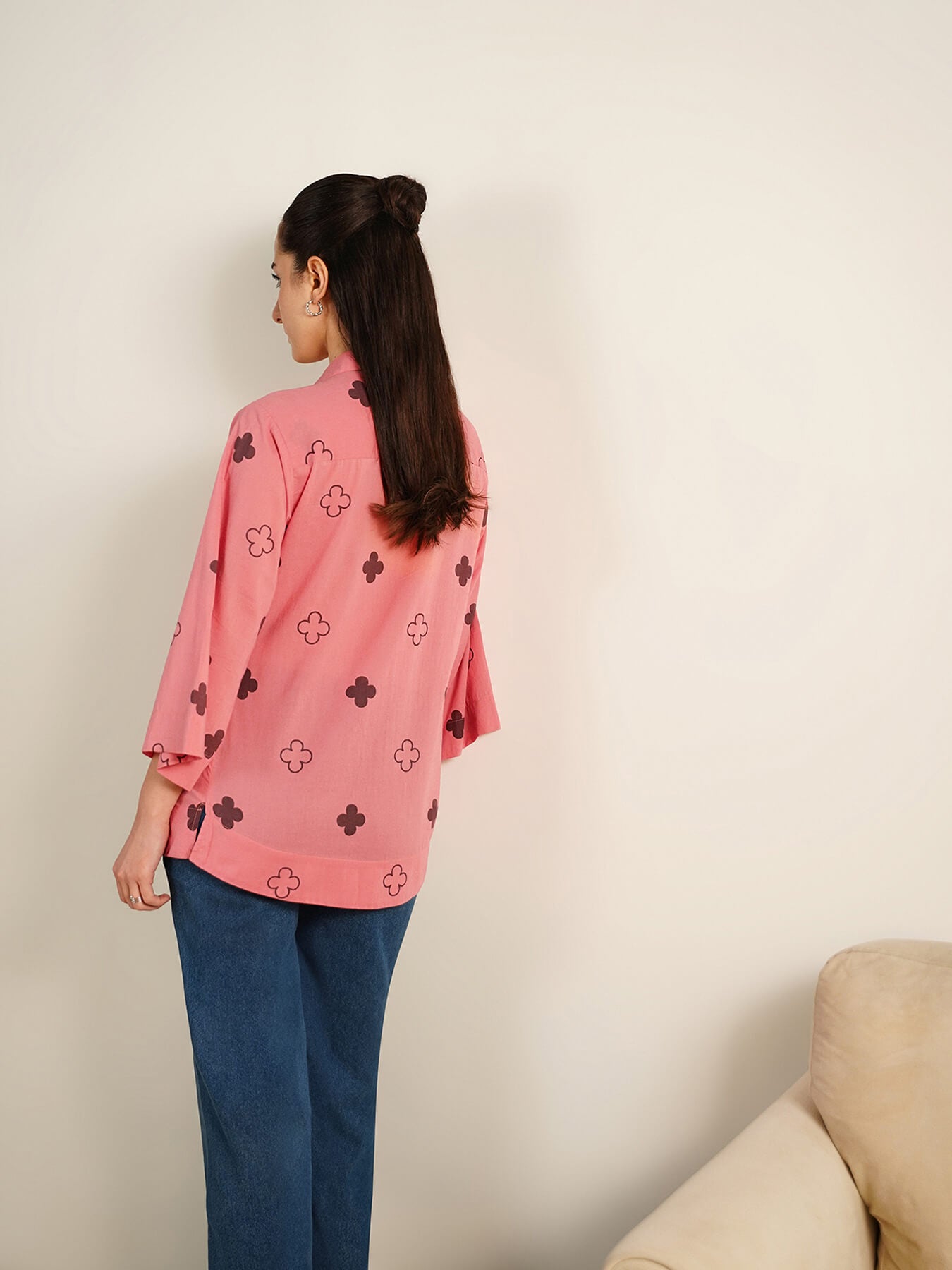 Cotton Geometric Print Shirt - Peach
