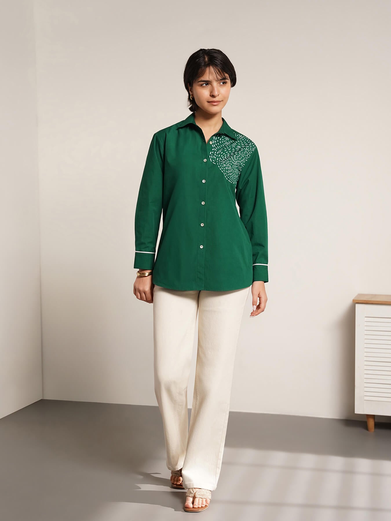 Cotton Geometric Placement Print Shirt - Green