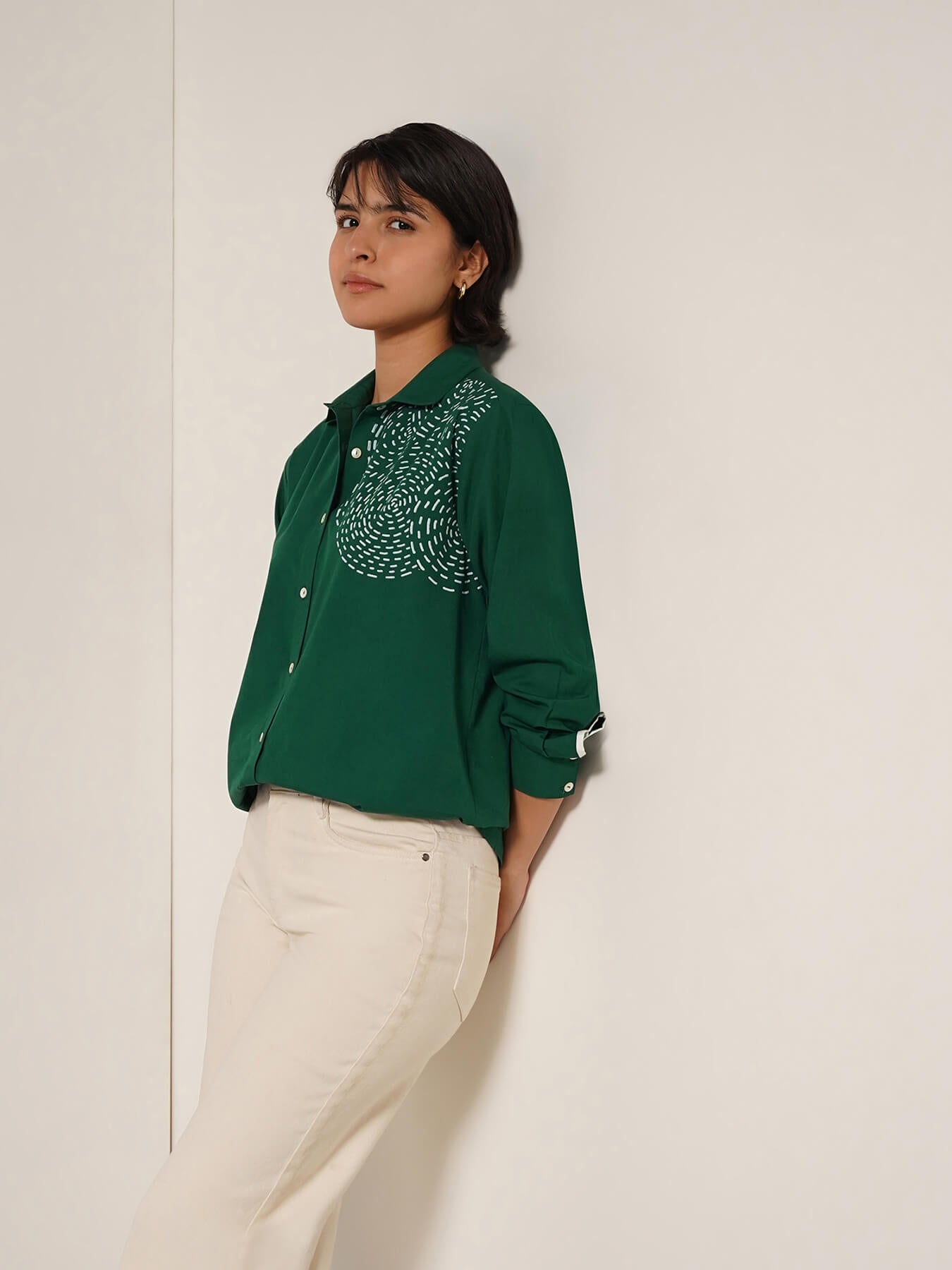 Cotton Geometric Placement Print Shirt - Green
