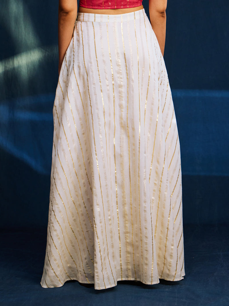 Gold Striped Lurex Flared Skirt - White