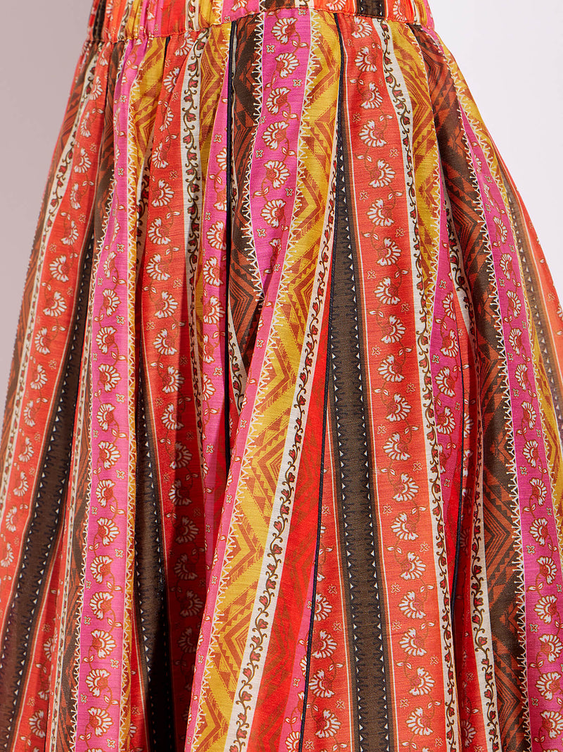 Chanderi Ethnic Motif Flared Skirt - Orange