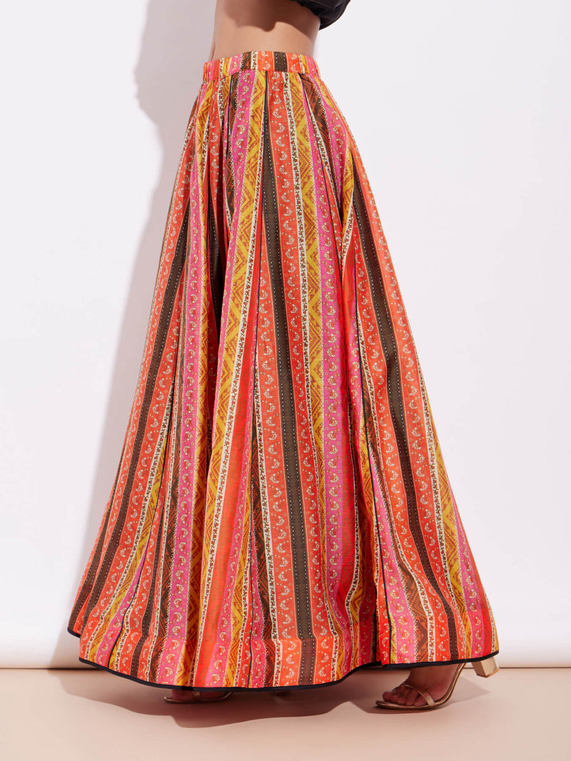 Chanderi Ethnic Motif Flared Skirt - Orange