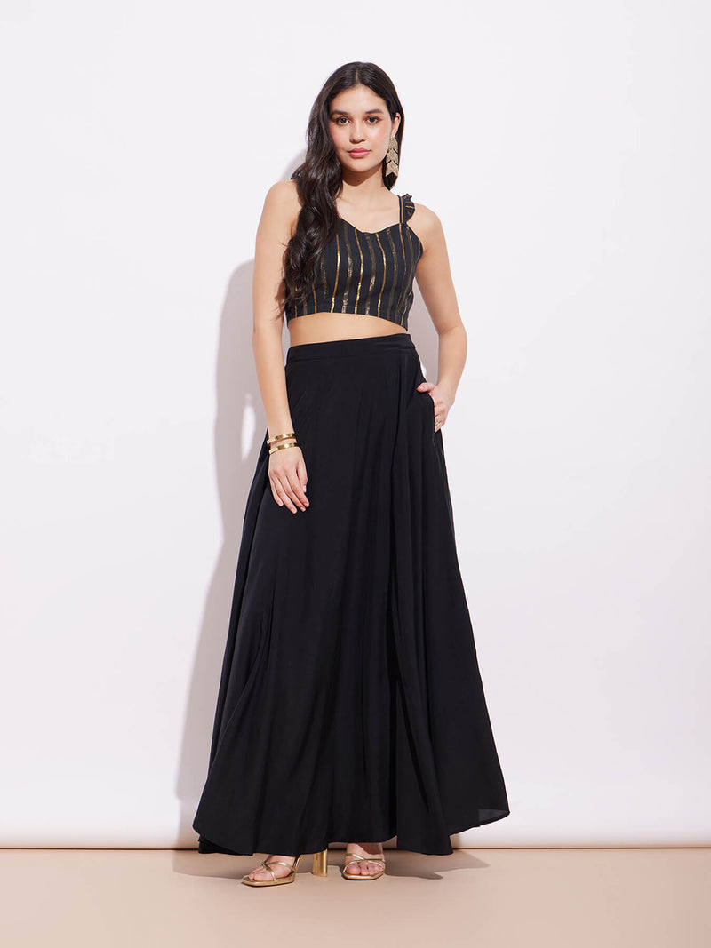 Poly Viscose Solid Flared Skirt - Black