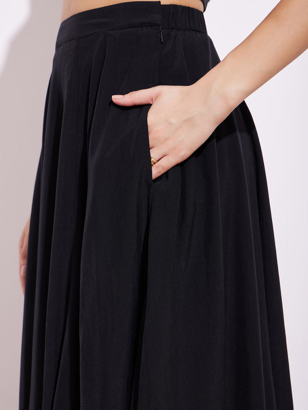 Poly Viscose Solid Flared Skirt - Black