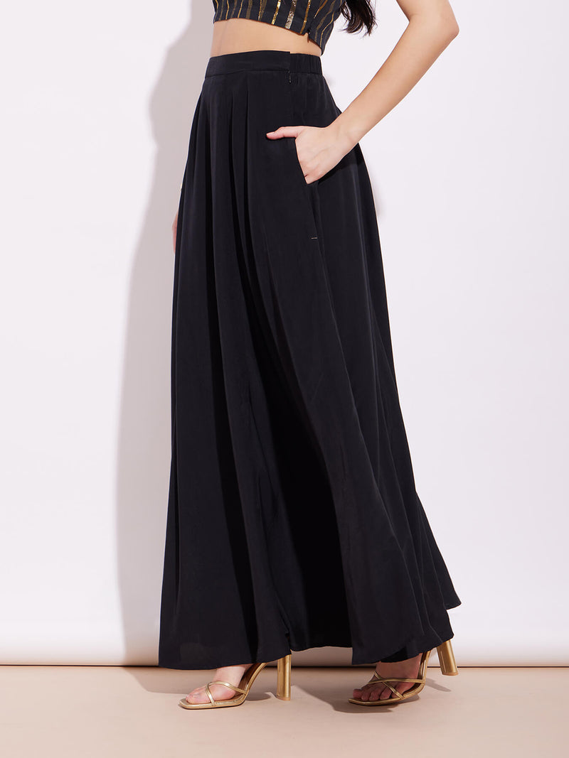 Poly Viscose Solid Flared Skirt - Black