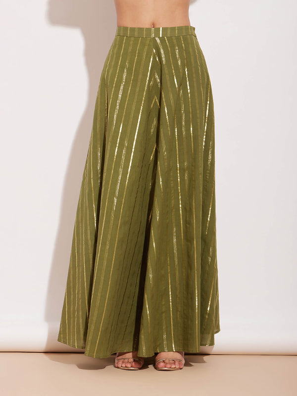 Cotton Lurex Gold Striped Flared Skirt - Green