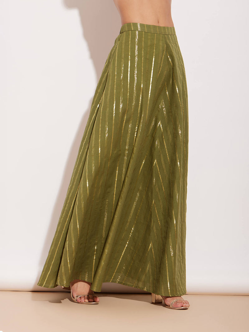 Cotton Lurex Gold Striped Flared Skirt - Green