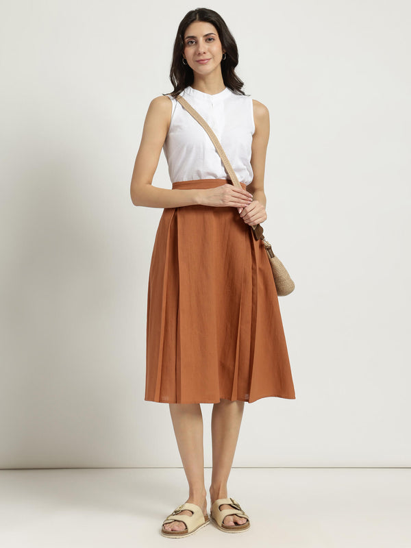 Linen Blend Solid Flared Skirt - Rust