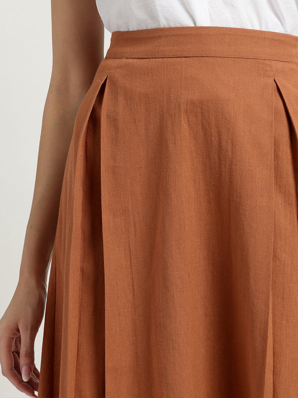 Linen Blend Solid Flared Skirt - Rust