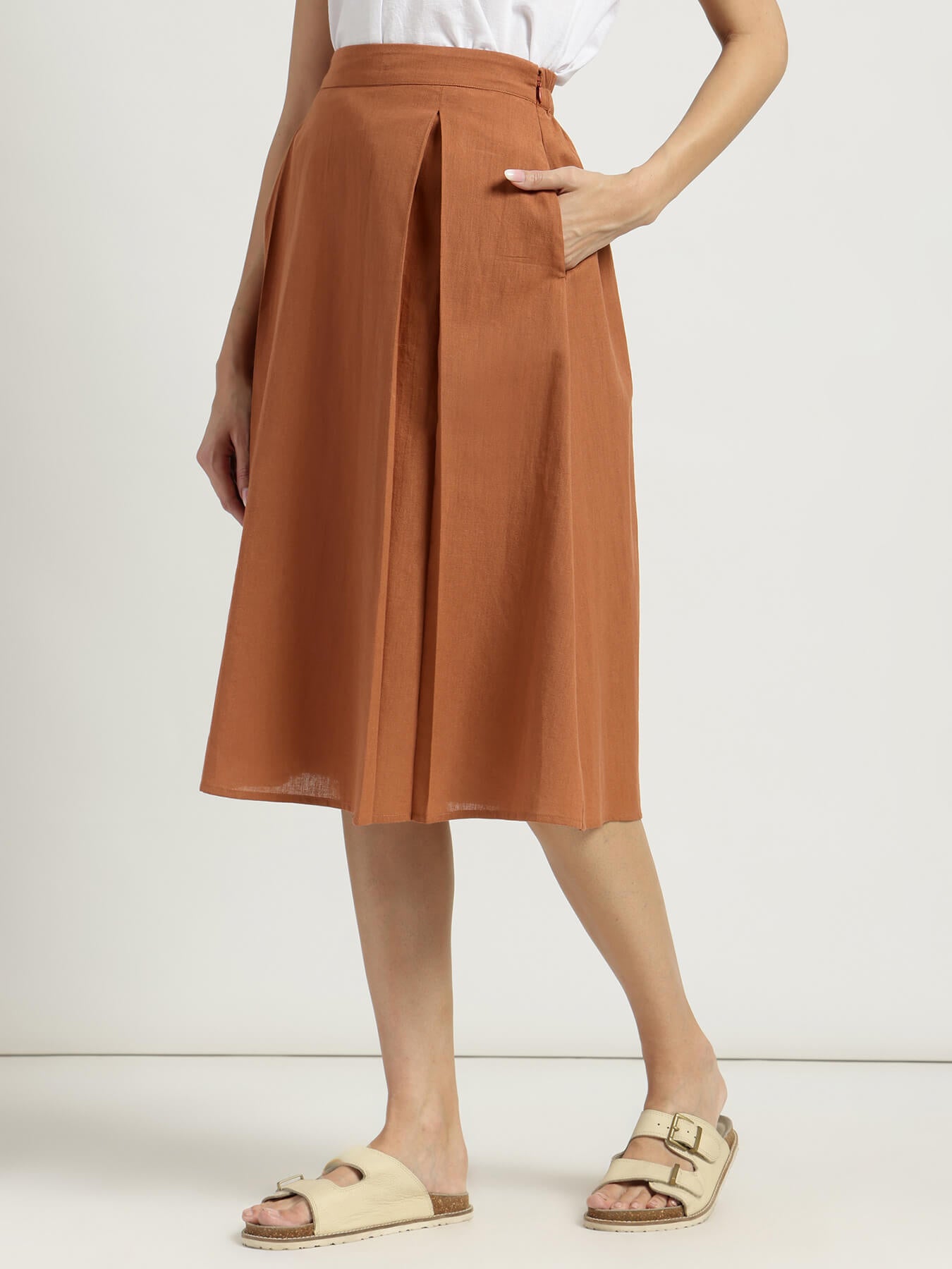 Linen Blend Solid Flared Skirt - Rust