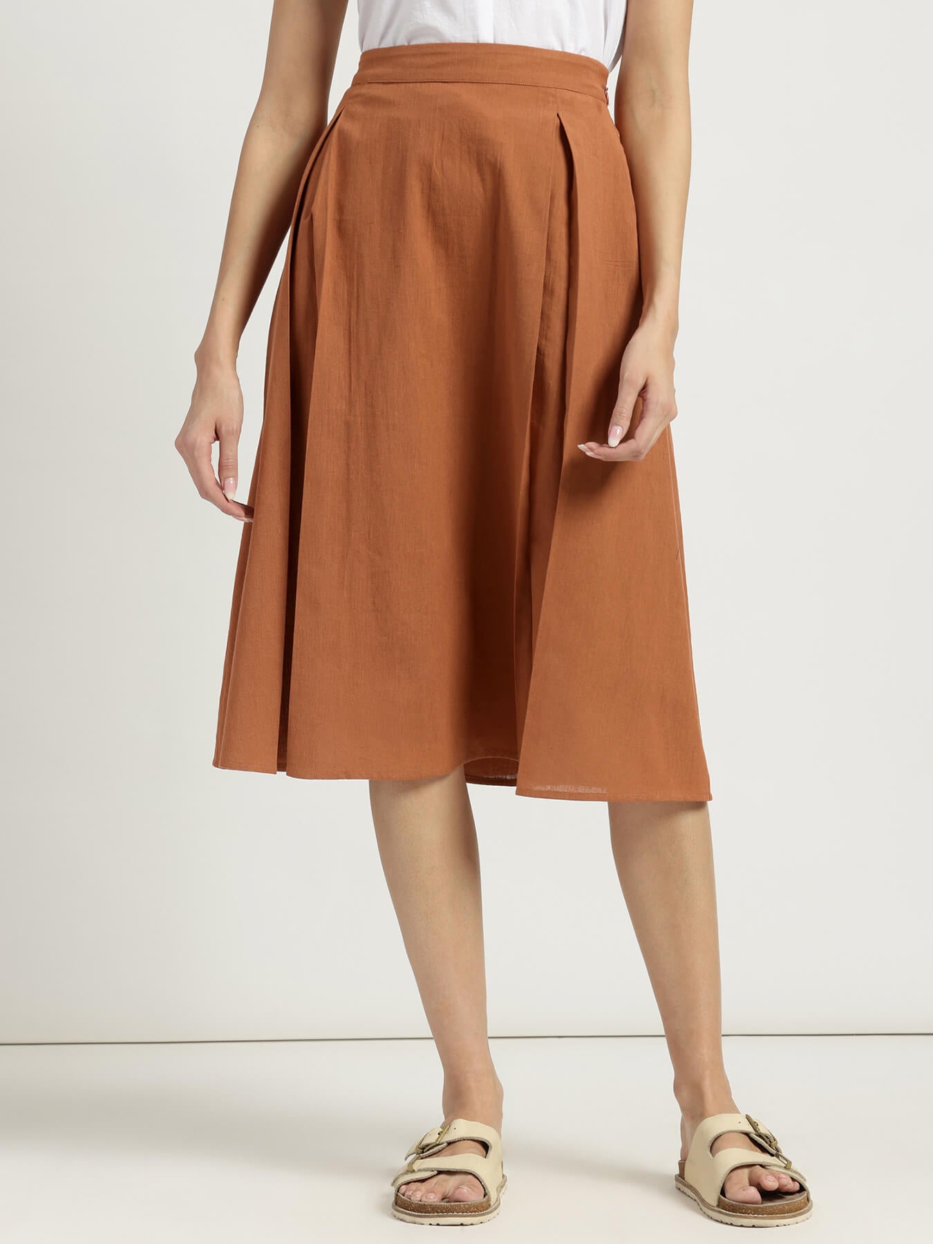 Linen Blend Solid Flared Skirt - Rust