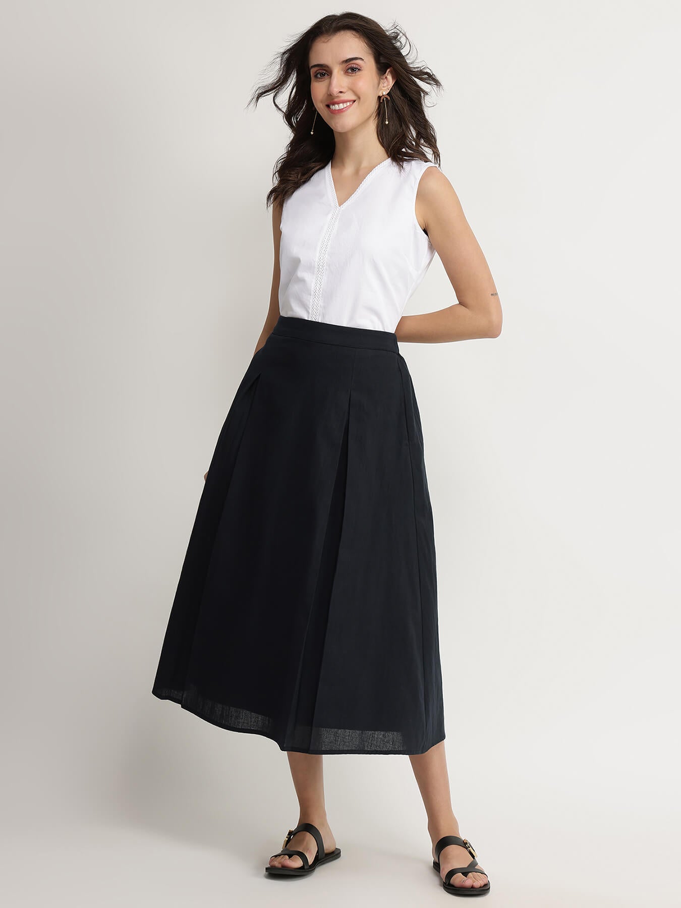 Linen Blend Solid Flared Skirt - Black