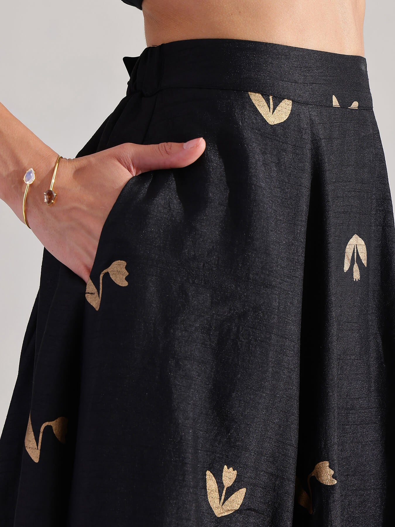 Silk Gold Floral Flared Skirt - Black & Gold