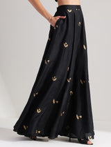 Silk Gold Floral Flared Skirt - Black & Gold