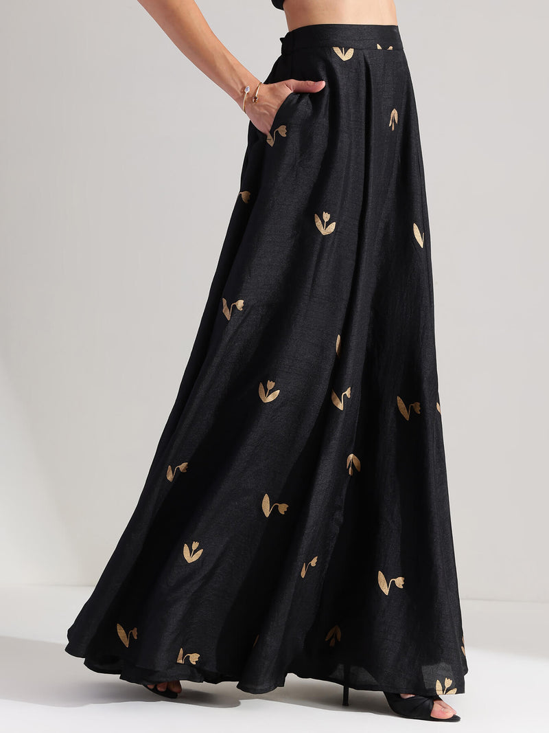 Silk Gold Floral Flared Skirt - Black & Gold