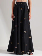 Silk Gold Floral Flared Skirt - Black & Gold