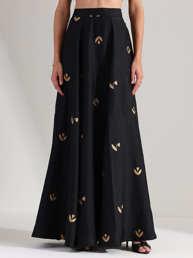 Silk Gold Floral Flared Skirt - Black & Gold