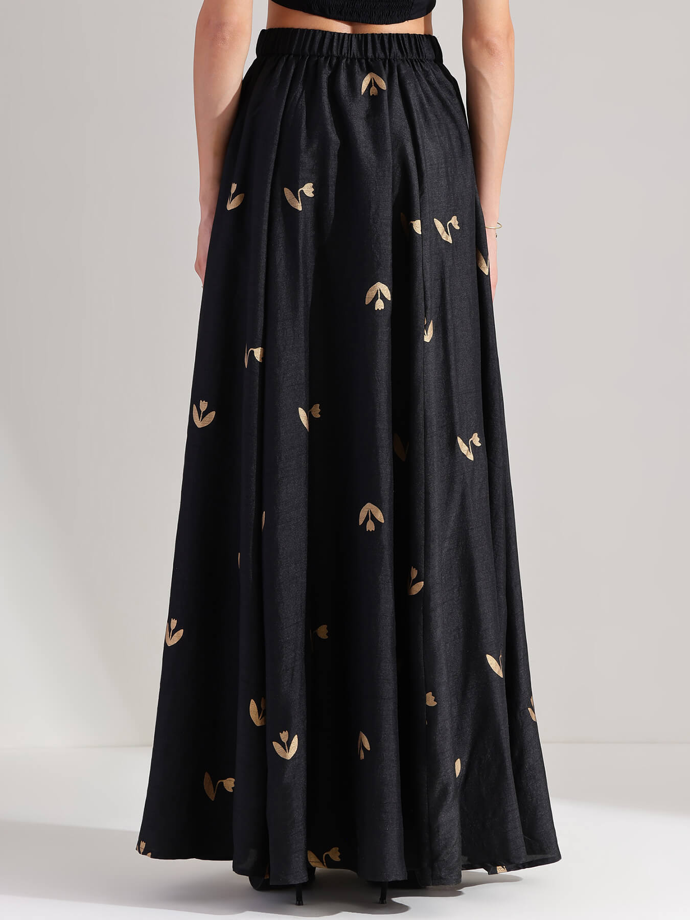 Silk Gold Floral Flared Skirt - Black & Gold