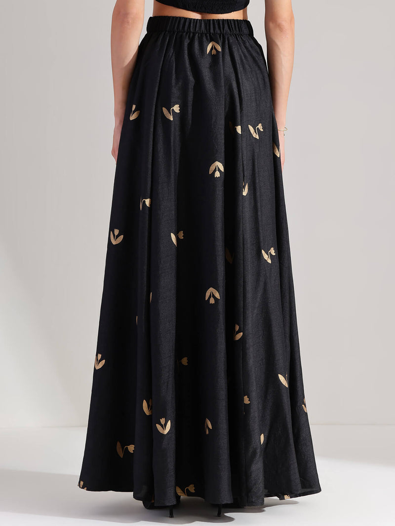Silk Gold Floral Flared Skirt - Black & Gold