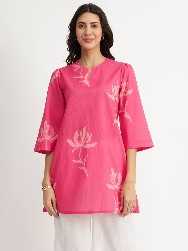 Cotton Floral A-Line Tunic - Pink