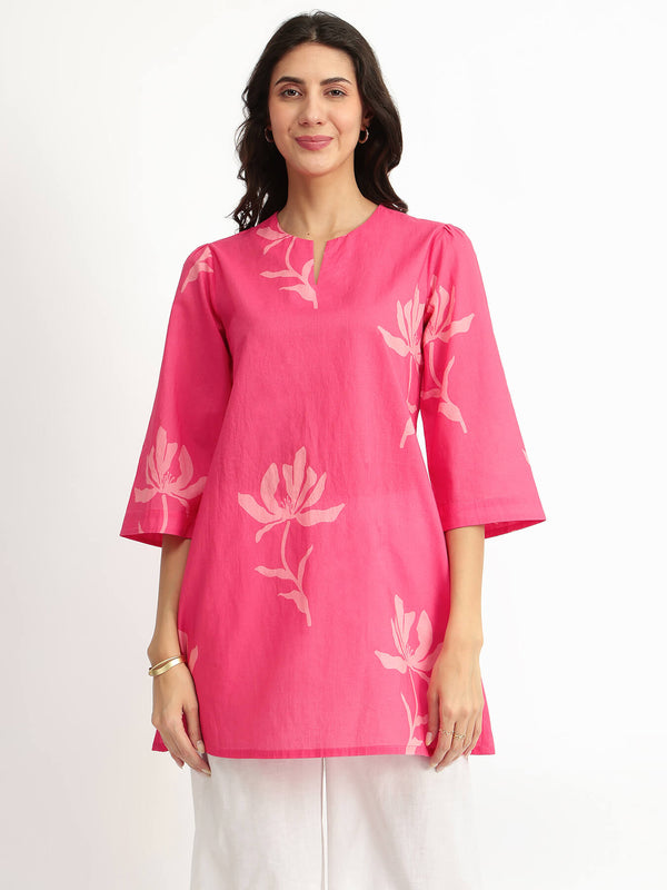 Cotton Floral A-Line Tunic - Pink