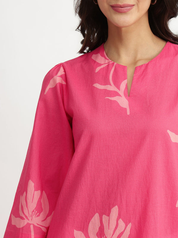 Cotton Floral A-Line Tunic - Pink