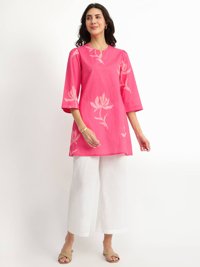 Cotton Floral A-Line Tunic - Pink