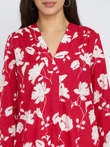 Cotton Floral Pleated V-Neck Tunic - Red & White