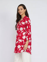 Cotton Floral Pleated V-Neck Tunic - Red & White