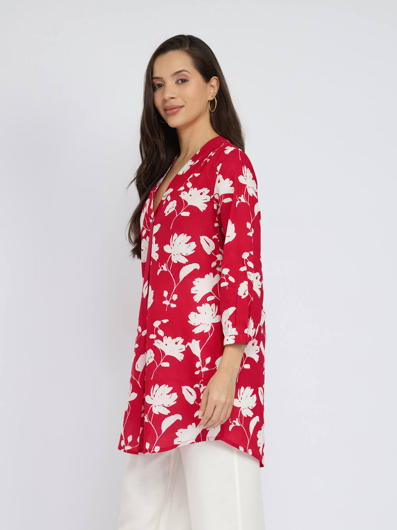 Cotton Floral Pleated V-Neck Tunic - Red & White