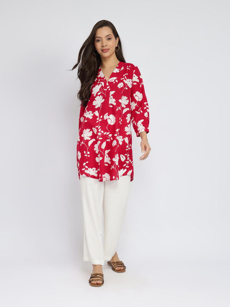 Cotton Floral Pleated V-Neck Tunic - Red & White