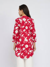 Cotton Floral Pleated V-Neck Tunic - Red & White