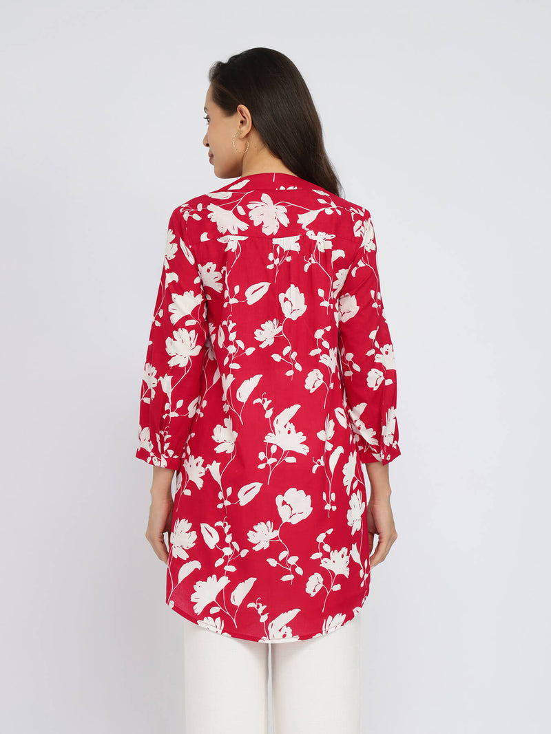 Cotton Floral Pleated V-Neck Tunic - Red & White