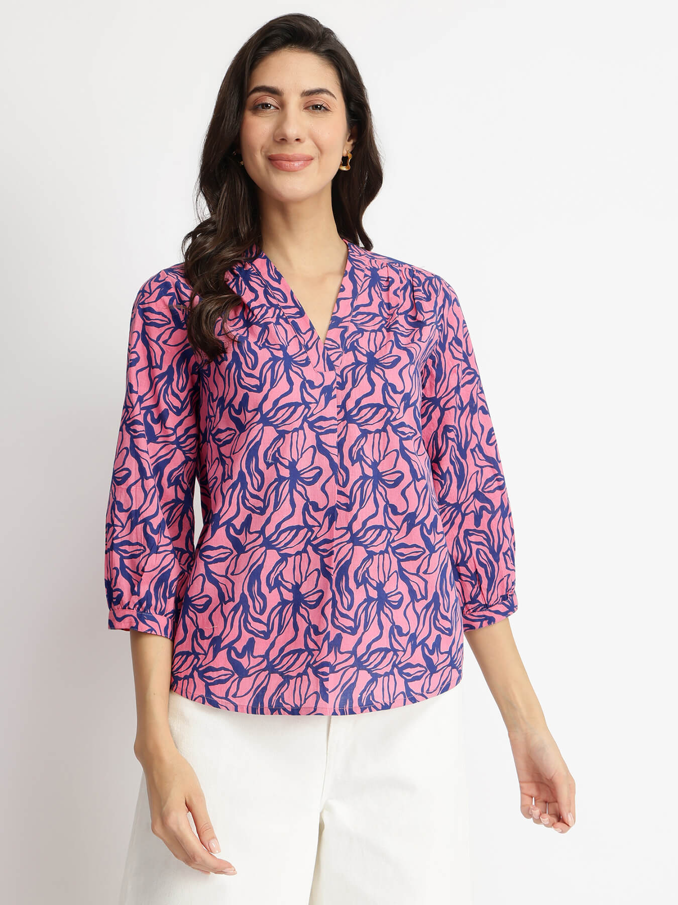 Cotton Floral V-Neck Top - Pink & Blue