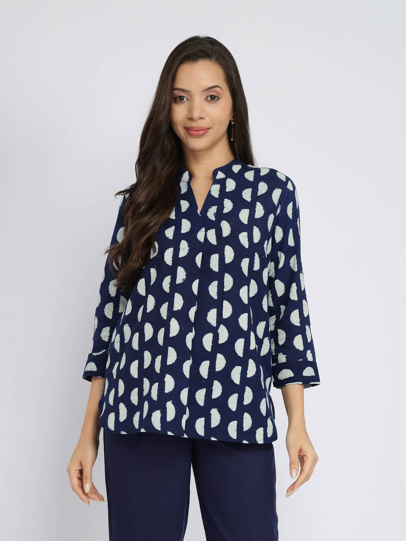 Cotton Dabu Half Polka Print Top - Indigo