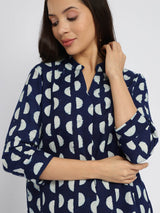 Cotton Dabu Half Polka Print Top - Indigo