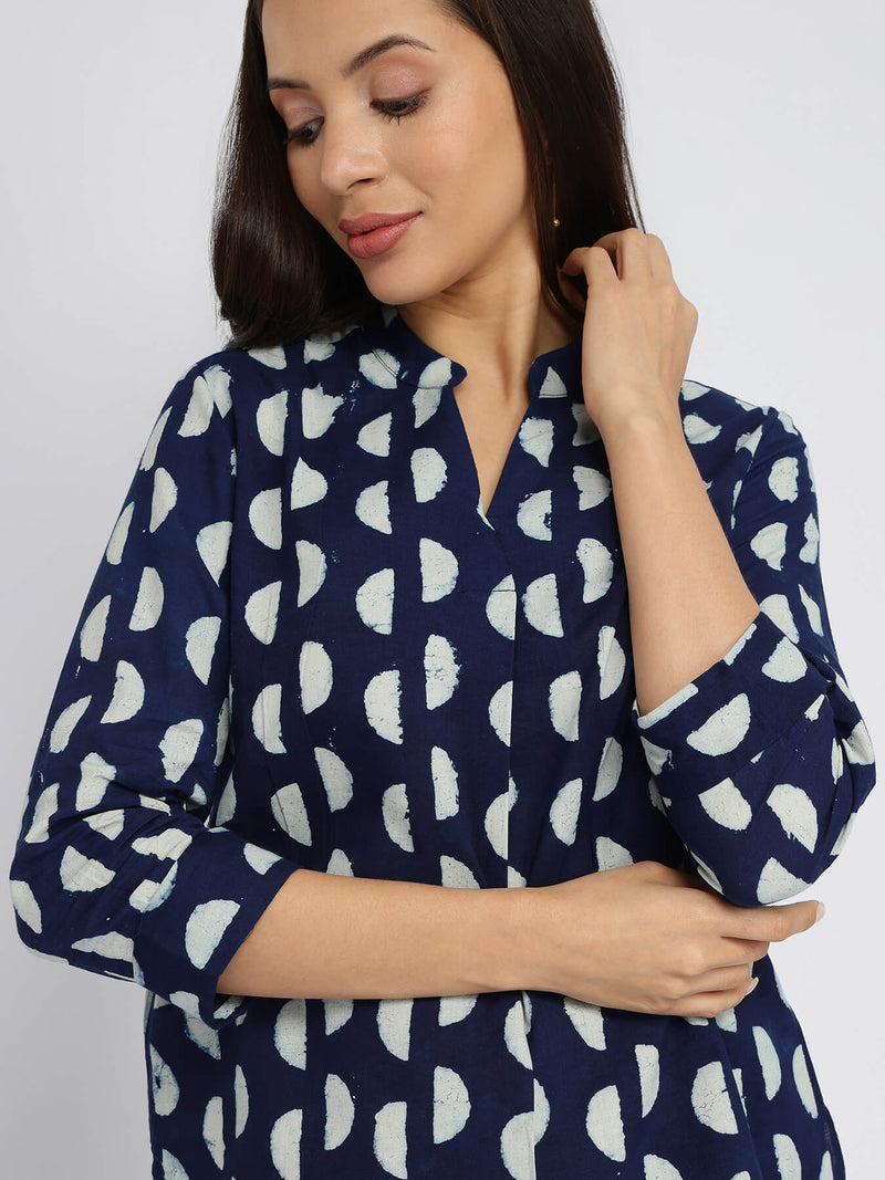Cotton Dabu Half Polka Print Top - Indigo